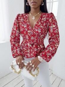 SOLERSUN 花卉印花前系带长袖休闲衬衫 (印花图案随机) - 紅色 - 查看 6