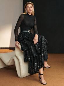 MOTF Soiréza 亮片层叠荷叶边下摆短裙 - 黑色 - 查看 1