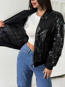 Comfortcana Black Zip Up Quilted Lined Baseball Collar Winter Coat - Black - View 13