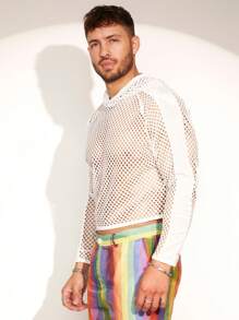 FeverCity Men's Loose Fit Mesh Panel Hoodie, Long Sleeve Short Style - White - View 6