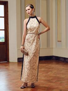 ZEYLAH SEQUINS COLORBLOCK HALTER NECK LONG DRESS - Champagne - View 5