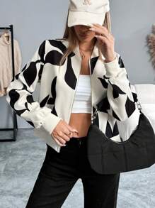 Chiquease 拉链短款黑白树叶印花设计夹克 - 黑與白 - 查看 5