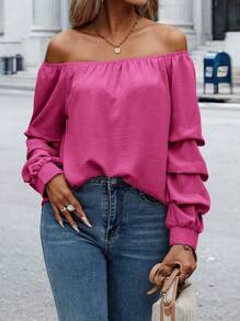 SHEIN Clasi Blusa Sólida Con Hombros Descubiertos, Manga Larga Plisada - Rosa Fucsia - Ver 4