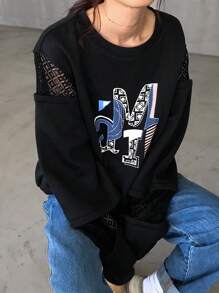 FRIFUL 女式镂空拼布字母拼色宽松羊毛圆领卫衣秋冬 - 黑色 - 查看 8