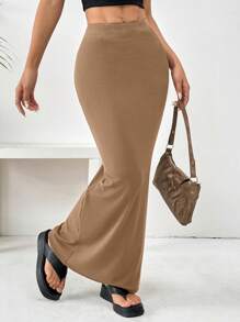 SHEIN EZwear 女款针织紧身及膝裙 - 駝色 - 查看 4