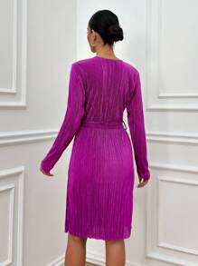 RueChic Elegant Style, Pleated Satin Quality, Wrap Neck Detailed, Belted Midi Dress