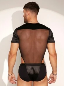 FeverCity Men's Mesh Contrast Color-Blocked Skinny Jumpsuit & Bib Pants - Black - View 6