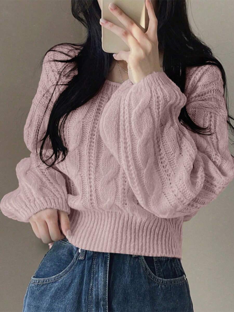 Chiquease Women's Solid Color Crew Neck Long Sleeve Knit Sweater Knit Pullover Fall Winter Outfit - Pink - View 1