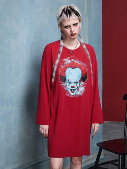 IT x SHEIN Women Casual Oversized Loose Fit Horror Character Printed Red Halloween Nightgown Pajamas