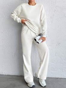 EURMUSE 100% Cotton Casual Comfortable Slogan Printed Drop Shoulder Sleeves Sweatshirt & Sweatpants Set Perfect For Winter And Autumn - White - View 3