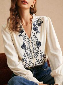 Poéselle White Linen Long-Sleeved Embroidered Shirt, Embroidered Shirt Women Embroidery Decorated Long Sleeve Blouse, Fall Women Clothes, Boho Style White Blouse, Featuring Intricate Embroidery, Luxurious Fabric, And Exceptional Breathability, This Garment Is Perfect For Everyday Wear, Commuting, Holidays, And Lounging At Home - White - View 1