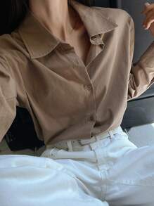 DAZY 女士休闲纯色落肩长袖衬衫，适合工作、春夏季 - 棕色 - 查看 2