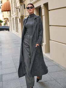 EURMUSE Maxi Cardigan With Belt Outwear Jacket Fall Winter - Grey - View 3
