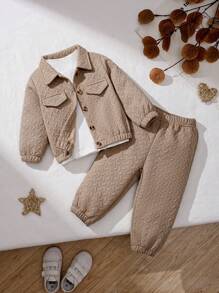 SHEIN 3 Stücke Set aus Baby Jungen Jacke aus strukturiertem Stoff, Rollkragenpullover und Hose - Verschiedenfarbig - Übersicht 1