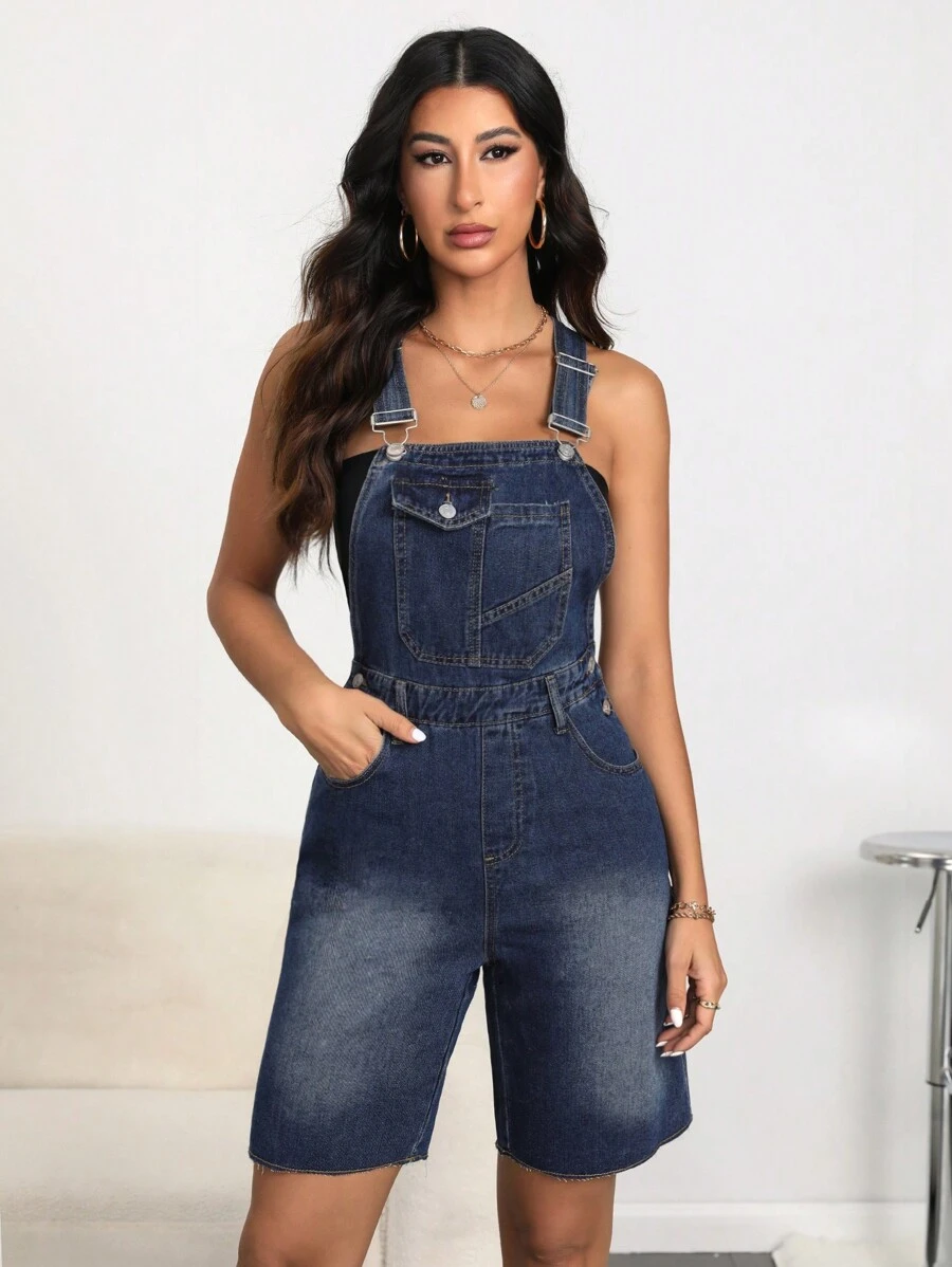 SHEIN Essnce Women's Summer Casual Loose Washed Denim Bib Overall Shorts With Pockets - Dark Wash - View 1