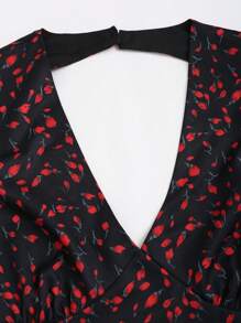 SHEIN Unity Women's Floral Print V-Neck Flared Sleeve Elegant Dress, Spring Summer Fall Cloth For Women - Red and Black - View 4