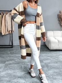 Chiquease Áo khoác cardigan dài chắp vá màu sắc thường ngày cho nữ, mùa thu đông - Nhiều màu - Xem 5