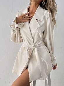SHEIN Clasi Tie-Up Mid-Length Lapel Trench Coat Fall Cloth For Women - Khaki - View 3