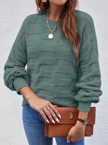 EMERY ROSE 纯色圆领长袖简约套头毛衣，休闲日常穿着，长袖上衣，秋冬针织衫 - 橄欖綠 - 查看 5