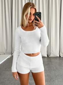 Aloruh 2pcs Solid Color Crew Neck Long Sleeve Top And Shorts Casual Set - White - View 7