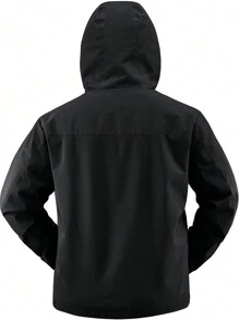 Manfinity Homme Men's Hooded Black Zip-Up Printed Sport Outdoor Windbreaker Jacket, Autumn/Winter, Going Out Hooded Black Long Sleeve Light Jacket, For Friends, Husband, Boyfriend Gifts