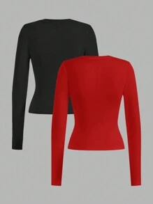 SHEIN EZwear 2 chiếc/bộ áo thun tay dài cổ tròn đơn giản, giản dị, vừa vặn, cỡ lớn, mùa thu/đông - Nhiều màu - Xem 2