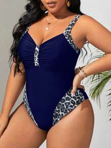 SHEIN Swim Curve Plus Leopard Print Ruched Bust One Piece Swimsuit,Summer Beach - Navy Blue - View 5