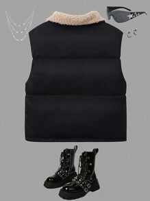 SHEIN Áo vest ấm áp một hàng khuy cổ bẻ màu cho bé gái tuổi teen, mùa thu đông - màu đen - Xem 2