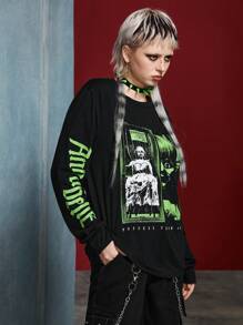 ANNABELLE x SHEIN 男女款单件休闲暗黑朋克风格恐怖人物和字母印花长袖 T 恤，秋季 - 黑色 - 查看 6