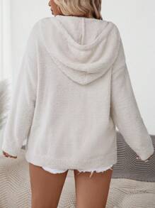 Plus Size Women's Solid Color Dropped Shoulder Long Sleeve Fleece Drawstring Hooded Sweater, Fall/Winter Knit Pullover