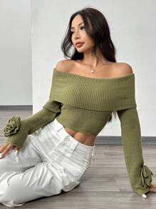 Chiquease Suéter informal y elegante para damas con manga larga descubierta del hombro y flor 3D