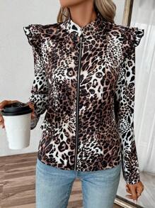 SHEIN LUNE Women's Leopard Print Patchwork Ruffle Hem Zipper Front Long Sleeve Jacket Fall Cloth For Women - Khaki - View 6