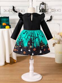 Infant Girls' Cute & Elegant Black-Green Halloween Horror Pattern Cap Sleeve Waistband Bow Swing Dress, Winter