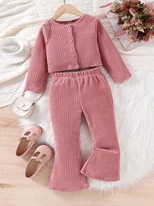 SHEIN Young Girl Solid Color Single-Breasted Long Sleeve Jacket, Camisole, And Flare Pants Casual 3-Piece Set, Spring&Fall - Purple - View 3