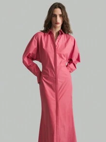 Ontre Women's Elegant Minimalist Light Pink Long Dress, Winter Cotton Fall Dresses