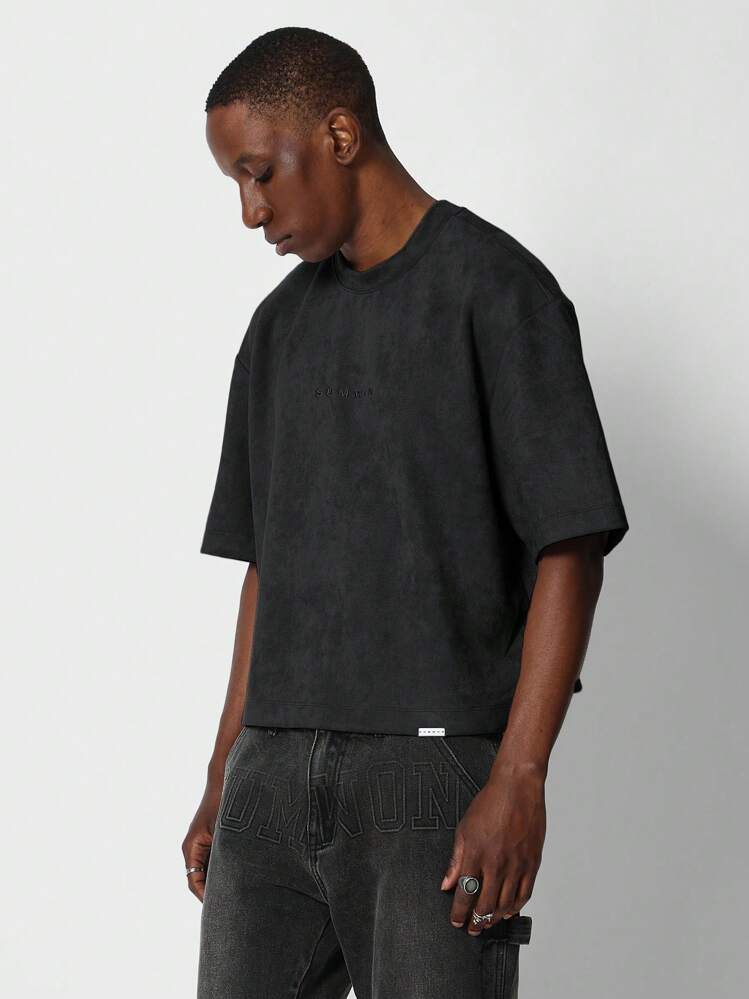 SUMWON Crop Fit Suedette Short Sleeve Tee With Back Number Embroidery - Black - View 2