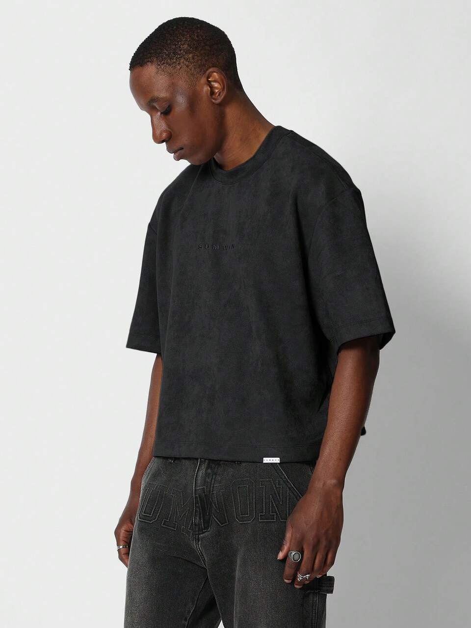 SUMWON Crop Fit Suedette Short Sleeve Tee With Back Number Embroidery