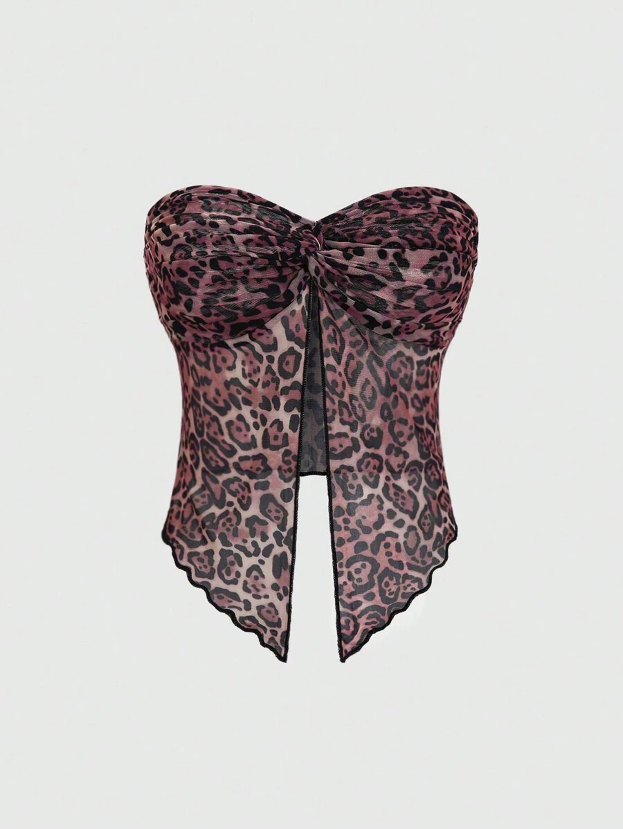 SHEIN LUNE Summer Fashionable Leopard Print Twist Front Crop Top - Multicolor - View 1