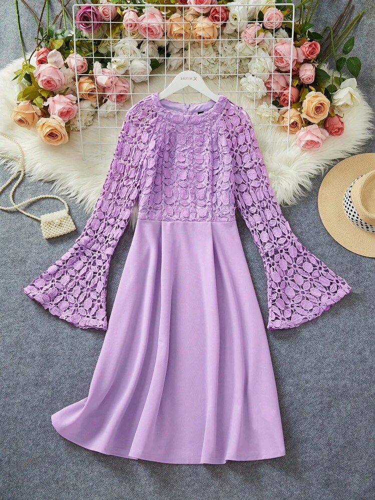 chinese dress ladies SHEIN BAE Women's Solid Color Draped Neck Long Sleeve Fitted Dress,Purple  Halter Neck Long-Sleeved Dress FD
