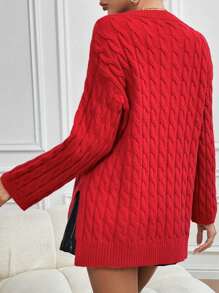 Chiquease 女士宽松落肩酒红色毛衣，圣诞节，冬季，针织套头衫 - 紅色 - 查看 2