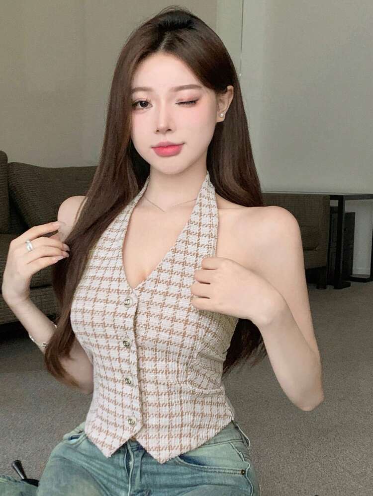 Women V-Neck Halter Top, Casual Everyday Wear Plaid Going Out Tops Women