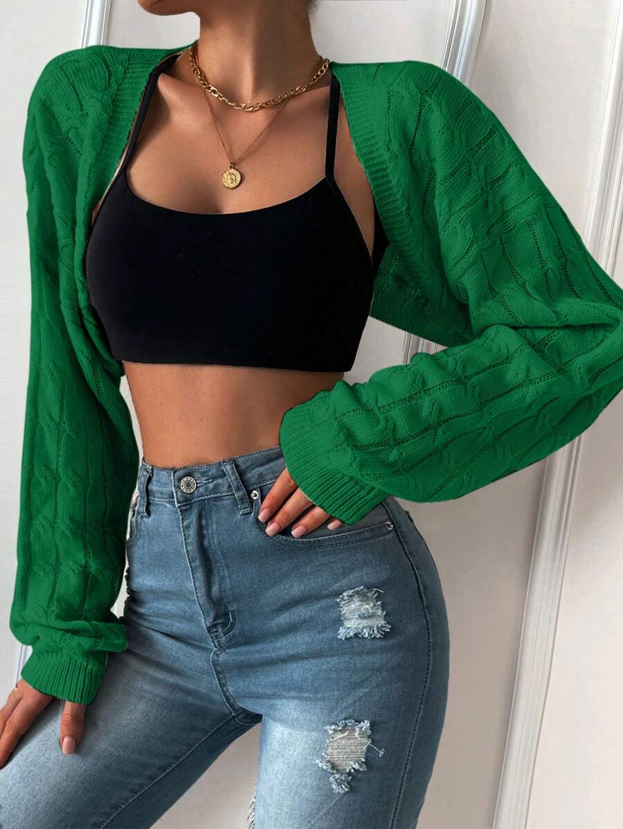 Chiquease Spring & Autumn Casual Solid Color Cropped Cardigan - Green - View 1