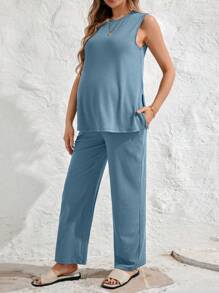 SHEIN 2pcs Maternity Elegant Commuter V-Neck Sleeveless Side Slit Tank Top And Adjustable Waist Straight Leg Pants Suit