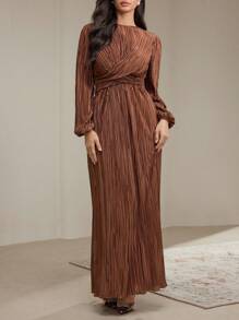 Veilorie 女士优雅纯色扭结腰带褶皱连衣裙，春秋季款，端庄得体 - 巧克力棕 - 查看 5