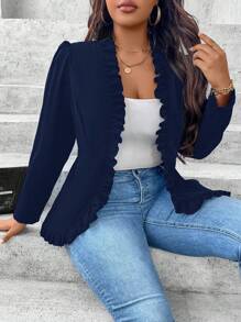 Plus Size Women's Spring & Autumn Solid Color Frill Trim Simple Blazer Graduation,Back To School,Teacher Outfits For Women Fall Cloth For Women - Navy Blue - View 1