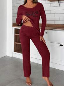 EURMUSE 100% Cotton Women's Spring & Summer Letter Print Drop Shoulder Top And Pants Loungewear Set - Burgundy - View 4