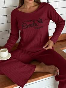 EURMUSE 100% Cotton Women's Spring & Summer Letter Print Drop Shoulder Top And Pants Loungewear Set - Burgundy - View 5