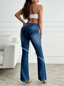 SHEIN Cottnline Women Y2K Patchwork Frayed Casual Flare Denim Jeans - Medium Wash - View 2