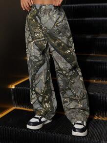 SHEIN Explorewe Tween Girl 酷炫休闲迷彩牛仔长裤，街头大胆优雅校园风 - 彩色 - 查看 6