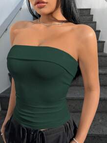 SHEIN EZwear Áo Bandeau dệt kim liền mạch màu xanh lá cây đậm - Màu xanh lá cây đậm - Xem 4